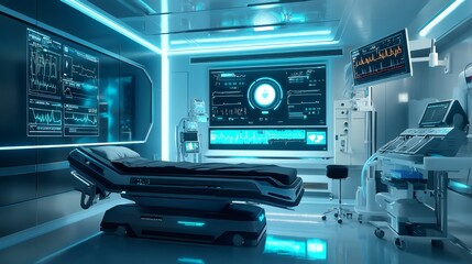 Fototapeta premium Futuristic hospital room with medical equipment, screens and a bed.