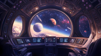 Features a spaceship cabin with a view of the universe and faraway planets. generative ai. Spaceship. Illustration