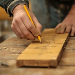 woodworker lining up a plank with a pencil measuring the place for a cut