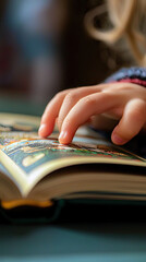 A childs hand gently turns page in colorful picture book, showcasing joy of reading and exploration. vibrant illustrations invite imagination and curiosity