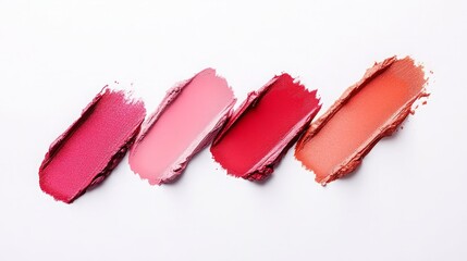 Set of Four Lipstick Swatches on a Clean White Background Displaying Bold and Vibrant Color Variations. Beauty and Makeup Product Showcase Highlighting Different Shades for Cosmetic and Skincare Enthu