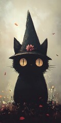 Halloween cartoon cat on the moon, black silhouette, witch's hat, cute and scary