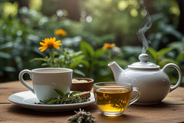 Fototapeta premium Medicinal plants and freshly brewed herbal tea set 