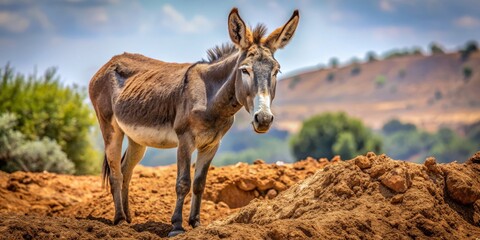 A rugged, uncooperative mule stands firm, digging hooves into dusty ground, ears laid back, and eyes fixed in