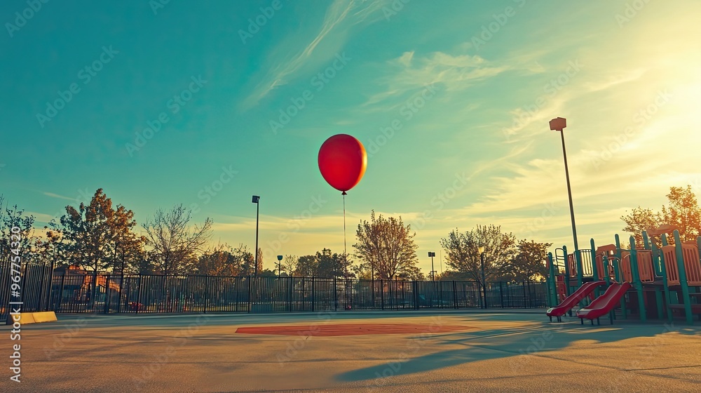 Sticker Red Balloon Floating Above a Playground at Sunset