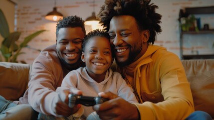 Fototapeta premium Happy gay men playing video game with daughter while sitting at home 