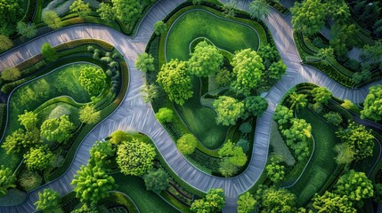 Park with pathways and green spaces, the design forming a pleasing pattern from above