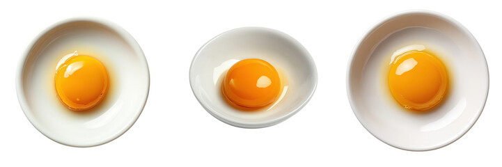 set of a golden egg yolk in a white ceramic dish on a transparent background