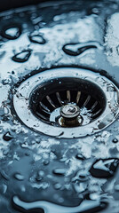 Close up of sink drain with water leaking around it, showcasing intricate details of drain and surrounding water droplets. image captures moment of fluidity and texture