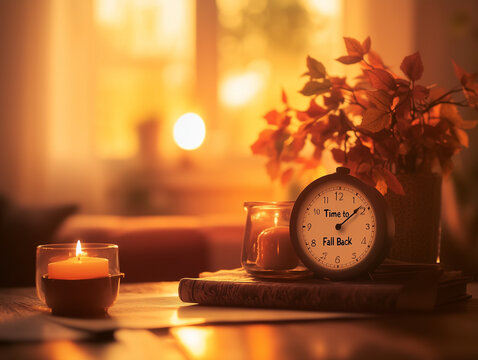Cozy autumn scene with clock reminding to fall back, candles, and warm orange leaves