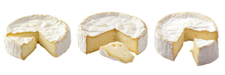 set of a wheel of Brie cheese with a creamy white rind on a transparent background