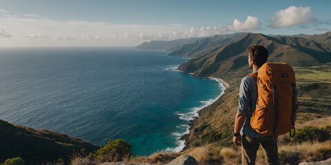 Adventurous Digital Nomad Standing on Mountain Cliff Overlooking Ocean Coastline