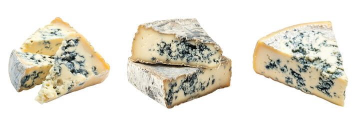 set of crumbly blue cheese with distinctive blue veins on a transparent background
