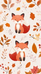 Obraz premium Seamless Kawaii Animal Pattern with Autumn Leaves on Pink Background