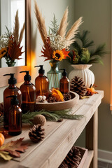 Cozy, rustic bathroom with wood accents, warm lighting and natural decorative accents