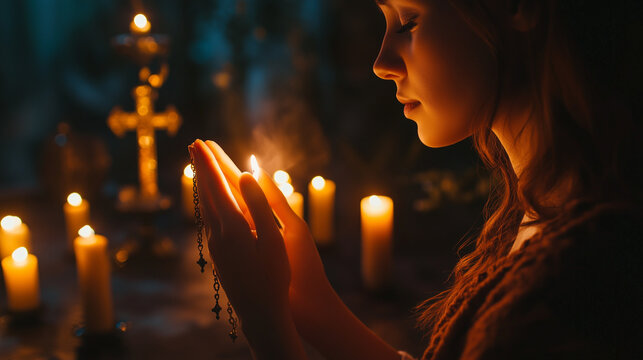 Woman praying with candles and a rosary, spiritual and peaceful moment in dim light