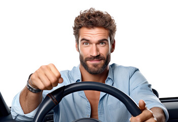 Men look camera hold steering wheel driving car vehicle adult men.