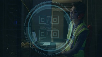 Animation of security data and qr code over asian male worker in server room - Powered by Adobe