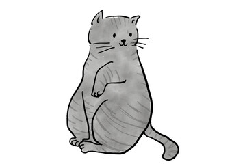 ほほえむ猫の手書きイラスト　サバトラ　ねこ　ネコ　手描き　白背景　ラフ　ざっくり　スケッチ　マンガ　絵本　かわいい　ほっこり　ほのぼの