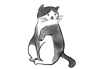 ほほえむ猫の手書きイラスト　ハチワレ　ねこ　ネコ　手描き　白背景　ラフ　ざっくり　スケッチ　マンガ　絵本　かわいい　ほっこり　ほのぼの
