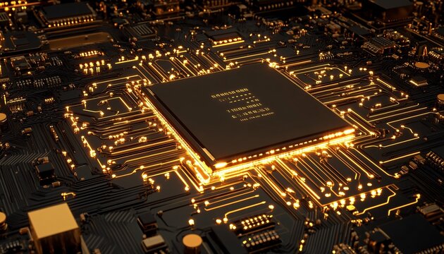 A gold and black microchip illuminated by glowing circuits showcasing advanced processor architecture.