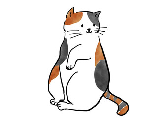 ほほえむ猫の手書きイラスト　三毛猫　みけ猫　ネコ　手描き　白背景　ラフ　ざっくり　スケッチ　マンガ　絵本　かわいい　ほっこり　ほのぼの
