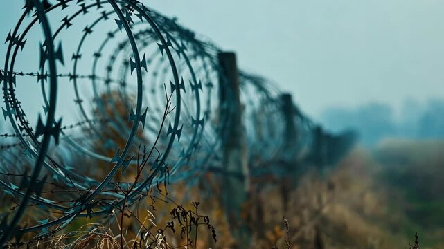 Barbed Wire Fence Ideal for articles on security, nature resilience, and border control. Video 4K