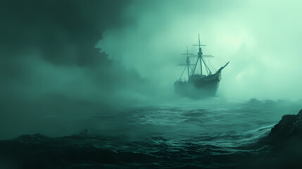 Ghost ship in the ocean a large boat floats in the distance. Floating Ship. Illustration
