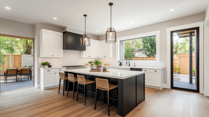 Spacious, contemporary kitchen featuring a black island, white cabinets, wooden stools, and large windows opening to a backyard patio.