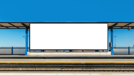 Obraz premium Empty billboard at a railway station platform, surrounded by a lively urban environment, against a backdrop of a clear blue sky, ideal for commercial advertising visibility