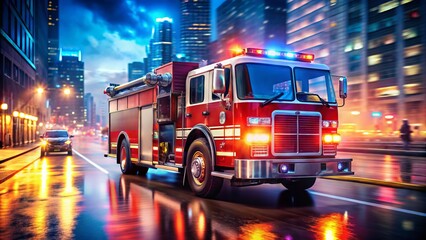 A shiny red firetruck adorned with bright lights and bold graphics speeds through the city streets at night,