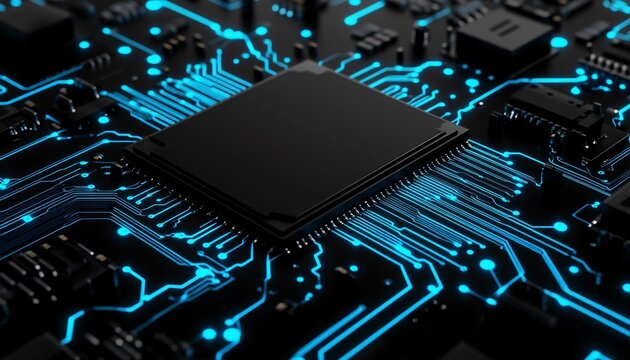 Black-toned microchip featuring neon blue circuits exemplifying advanced processor architecture and modern technological design.