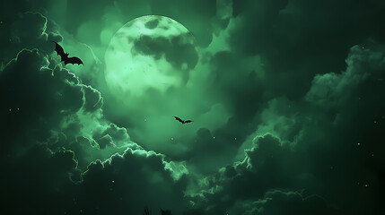 Green night sky with green moon and clouds backhround, green halloween background, scary spooky night. Full Moon Night. Illustration