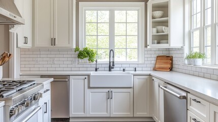 A bright kitchen with white cabinets, subway tile backsplash, and a farmhouse sink