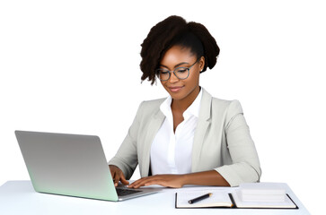 African American woman computer sitting working.