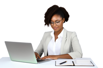 African American woman computer sitting working.