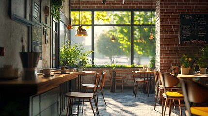 Obraz premium Cozy Cafe Interior with Sunlight Streaming Through Window