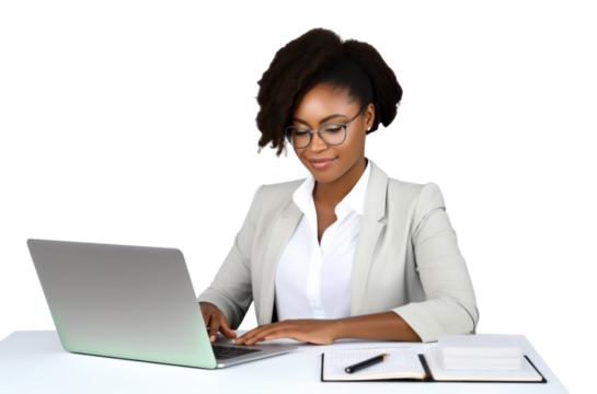 African American woman computer sitting working.