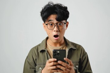 Young Asian man showing shocked face expression while using mobile phone on white background