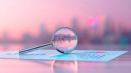 A magnifying glass rests on financial report, highlighting data and charts against soft, blurred cityscape background. scene conveys sense of analysis and focus.
