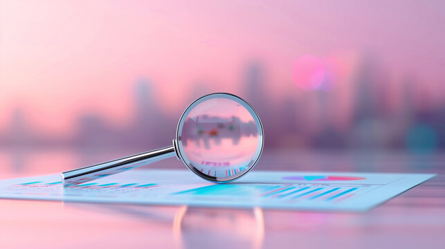 A magnifying glass rests on financial report, highlighting data and charts against soft, blurred cityscape background. scene conveys sense of analysis and focus.