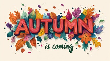 Autumn Is Coming Text with Colorful Leaf Pattern