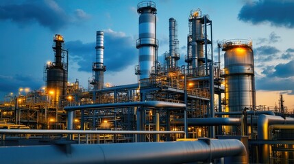 Obraz premium A chemical production plant with tanks and pipelines, showcasing the industrial process of producing chemicals