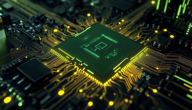 Dark Green Microchip with Neon Yellow Circuitry Showcasing Advanced Processor Architecture