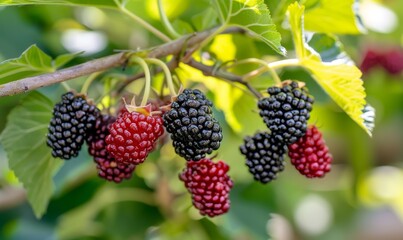 Fresh Blackberries and Raspberries Hanging From Green Leaves on a Sunny Day in a Garden