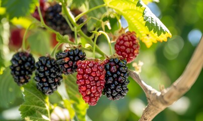 Fresh Blackberries and Raspberries Hanging From Green Leaves on a Sunny Day in a Garden