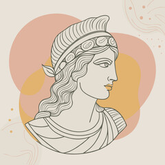 Athena, Goddess of Wisdom:  A minimalist line drawing of Athena, the Greek goddess of wisdom, strategy, and warfare, against a backdrop of soft pink and yellow organic shapes.  The image embodies stre