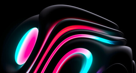 3d render abstract art with part of the surreal alien flower in curved wavy spherical elegance spiral lines forms in black matte rubber material with a neon glowing yellow blue and purple part