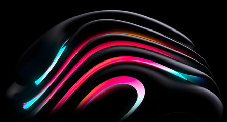 3d render abstract art with part of the surreal alien flower in curved wavy spherical elegance spiral lines forms in black matte rubber material with a neon glowing yellow blue and purple part