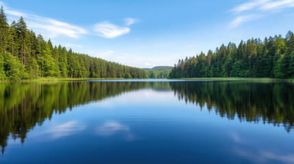 Fototapeta premium Tranquil Lakeside Retreat, a peaceful landscape featuring calm waters and lush greenery, inviting reflection and contemplation, perfect for relaxation and inspiration.